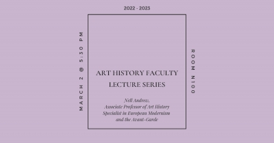 Banner advertising the Art History Faculty Lecture Series: Nell Andrew. Minimal design with central text outlined in square over lilac backdrop.