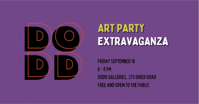 Dodd Art Party Extravaganza Banner. Purple background with lime green and white title and black subtitle.