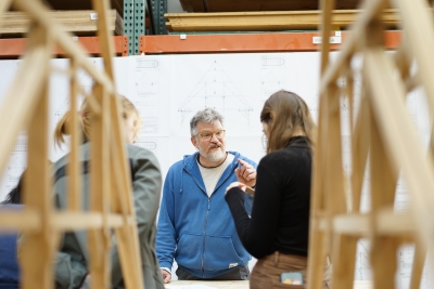 Associate Professor of Sculpture Martijn van Wagtendonk instructs students participating in the Handshouse: Notre Dame Project workshop, February 2024. Photo courtesy of Sidney Chansamone.