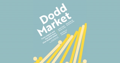 Graphic for the Dodd Market. Blue background with white text. Yellow abstract graphic at bottom