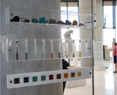Materials dand ground pigments on display in the Akropolis Museum, Athens. Photo by Jennifer Stager