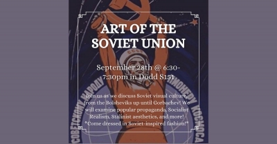 Promotional graphic with stylized illustration of person in red holding a hammer and sickle behind white text, "ART OF THE SOVIET UNION"