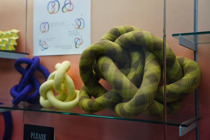 Fabric knots on display with diagrams about the field of Knot Theory on view in Spacing Out at the UGA McBay Science Library. Photo courtesy of Sidney Chansamone.