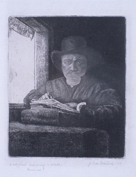 John Stockton de Martelly (American, 1903 – 1979), “Rembrandt at a Window,” 1929. Etching. Georgia Museum of Art, University of Georgia; The Mullis Collection, Gift of Carl and Marian Mullis in honor of their son Carl W. Mullis, IV, class of ’01 GMOA. 2001.93