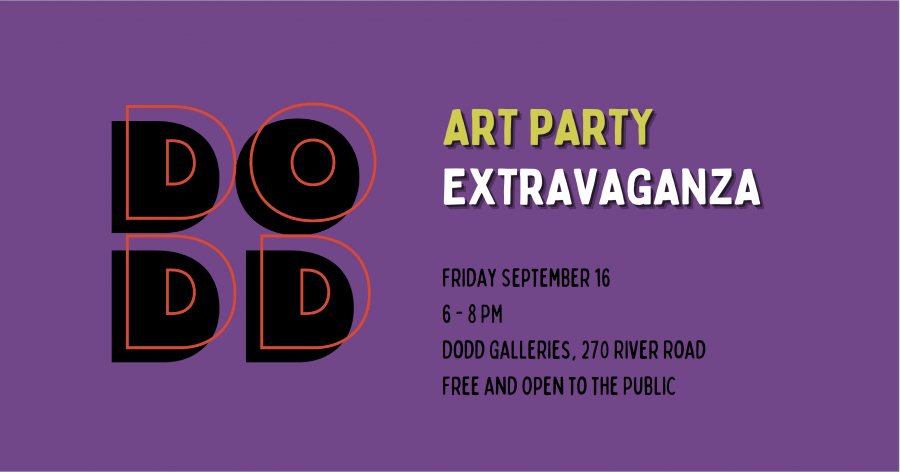 Dodd Art Party Extravaganza Banner. Purple background with lime green and white title and black subtitle.