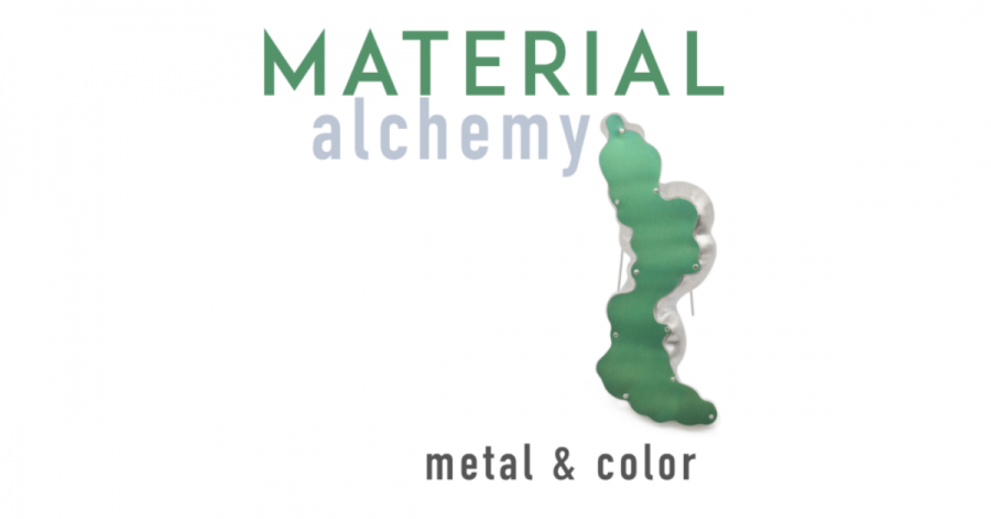 Green and gray text on white background with abstract shape. "Material alchemy: metal & color"