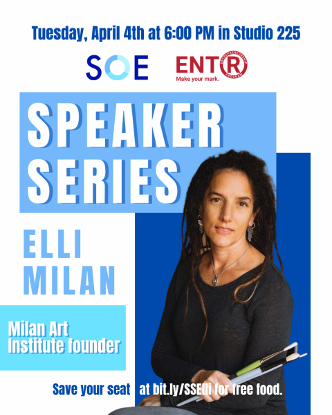 blue and white poster on speaker series with elli milan who is holding paint brushes