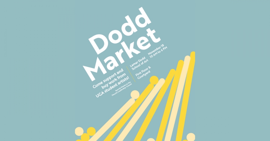 Graphic for the Dodd Market. Blue background with white text. Yellow abstract graphic at bottom