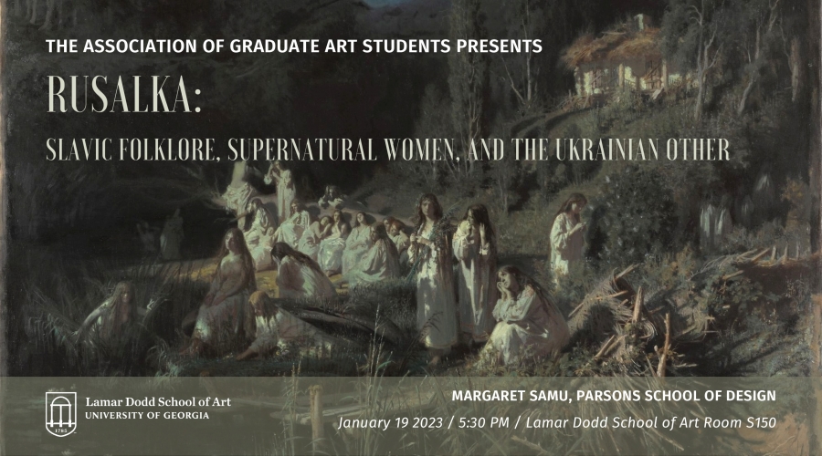 Banner promoting lecture featuring artwork in backdrop: "The Mermaids" by Iwan Nikolajewitsch Kramskoj, 1871, oil on canvas.