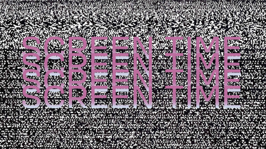 SCREEN TIME Banner. Layered text on TV static background.