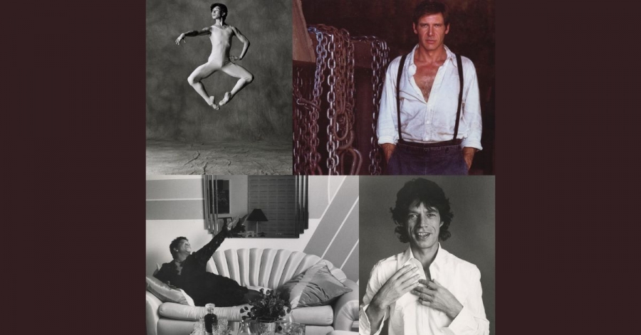 4 different images. Top left: a dancer jumping in a leotard with ballet slippers. Top Right: Person in unbuttoned white shirt with black suspenders. Bottom Left: Person lying on a couch with a coffee table in front. Bottom Right: Person with curly hair in a button down, photo in black and white.