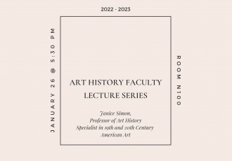Banner advertising the Art History Faculty Lecture Series | Janice Simon. Minimal design with central text outlined in square over eggshell backdrop.
