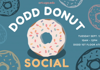 Dodd Donut Social Flyer. Donut graphic on blue backdrop.