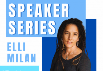 blue and white poster on speaker series with elli milan who is holding paint brushes