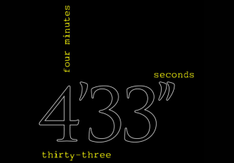 4'33" graphic. Black background with white and yellow text.