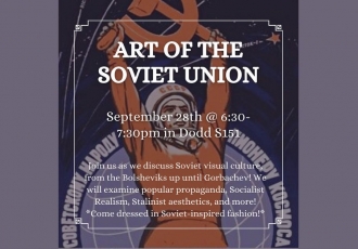 Promotional graphic with stylized illustration of person in red holding a hammer and sickle behind white text, "ART OF THE SOVIET UNION"