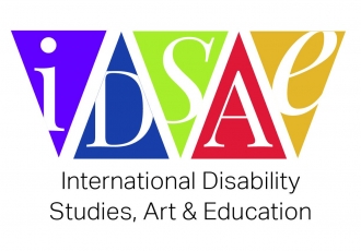 iDSAE logo. Bright multicolored graphic on white background with alternating triangles and letters. "iDSAE. International Disability Studies, Art & Education."