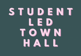 Light pink text on lead-blue backdrop. "Student Led Town Hall".