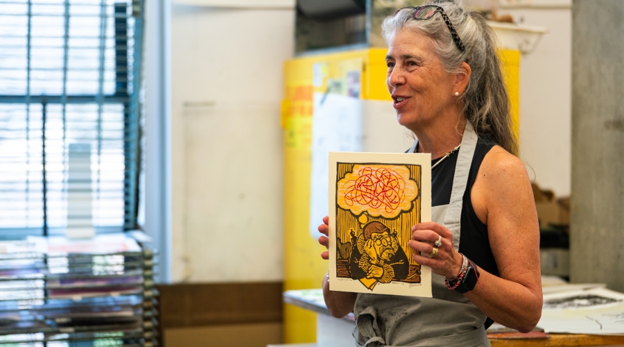 Melissa Harshman teaching relief printing, Spring 2024. Photograph Courtesy of Sidney Chansamone.