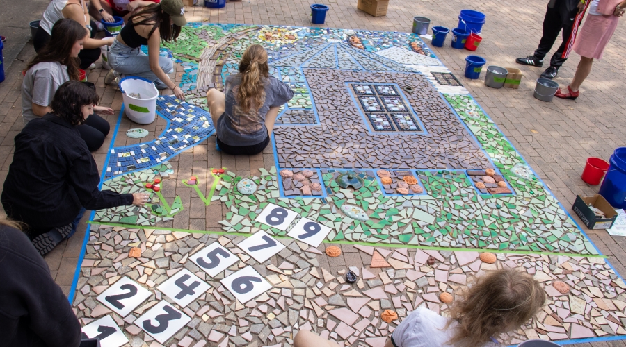 Students and participants assemble the Linnentown Living Mosaic at the University of Georgia Memorial Hall Plaza on October 3, 2022. Photo courtesy of Sidney Chansamone, @sid.chansa