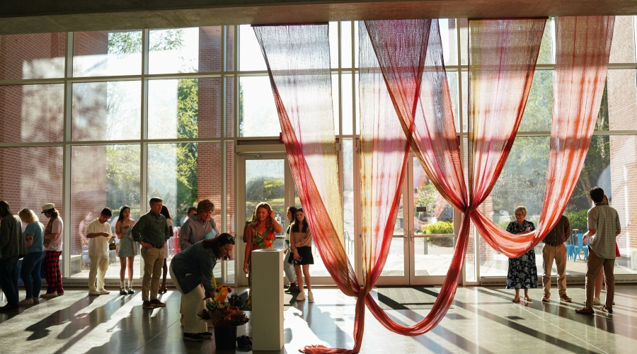 View of Atrium, Lamar Dodd School of Art, Spring 2024 BFA Exit Show. Photography by Sidney Chansamone.