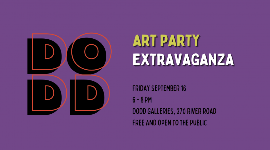 Dodd Art Party Extravaganza Banner. Purple background with lime green and white title and black subtitle.