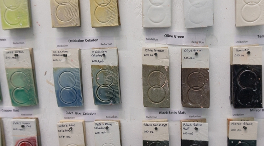 Different samples of glaze colors for pottery