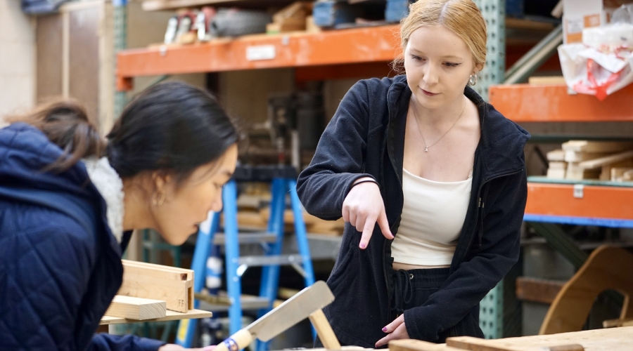 Students working in woodshop for Handshouse workshop, Spring 2024. Photography by Sidney Chansamone