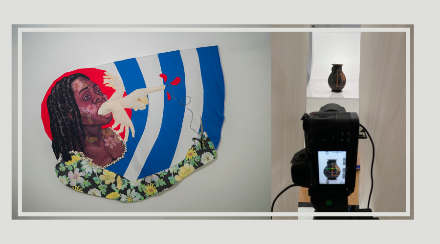 Image of mixed media artwork of person with mouth agape and arms extending out of mouth above red, blue, and white layered backdrop beside image of camera on tripod photographing a dark vase.