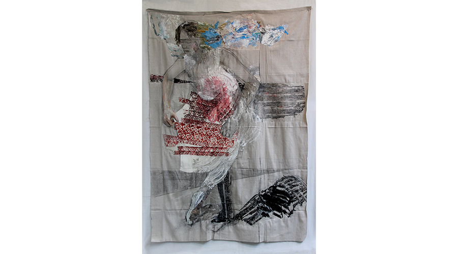 Jeanne Ciravolo Becoming/ Unbecoming, 2019. Mixed media collage, with block print of sheela na gig, on drop cloth, 68 x 47 in. $4,000