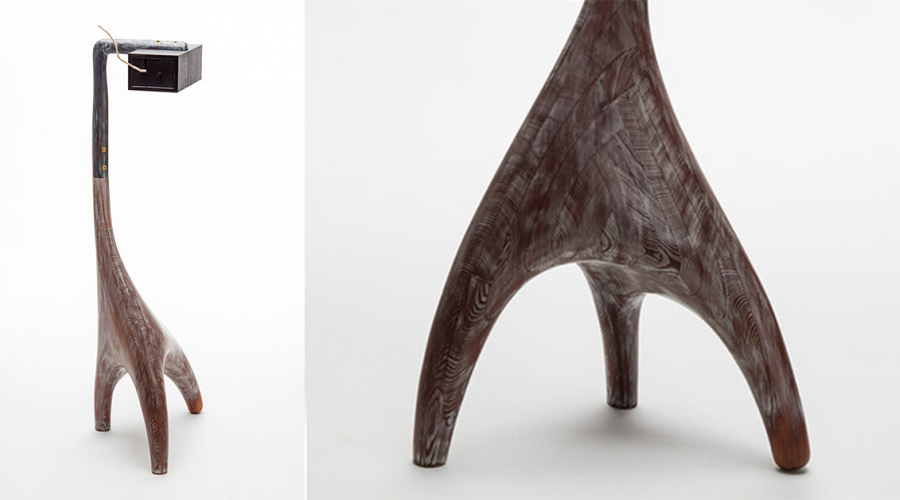 Katie Hudnall, Container for a Lost Year, 2021, full view and detail view. Image of wood sculpture with off-center three-legged base and tapered neck supporting a small suspended box.