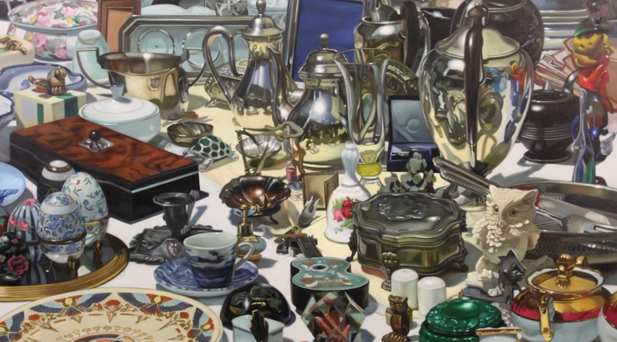 "Menagerie" by Margaret Morrison. Oil on Canvas, 72 x 60 inches. Still life painting of assorted plates and domestic objects