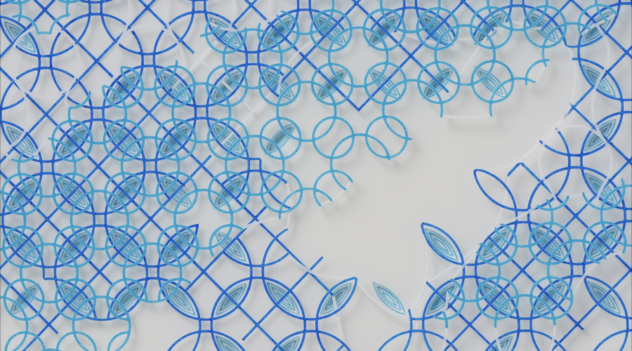 Troubadour, 2013 by Imi Hwangbo. Blue geometric pattern on cut mylar.