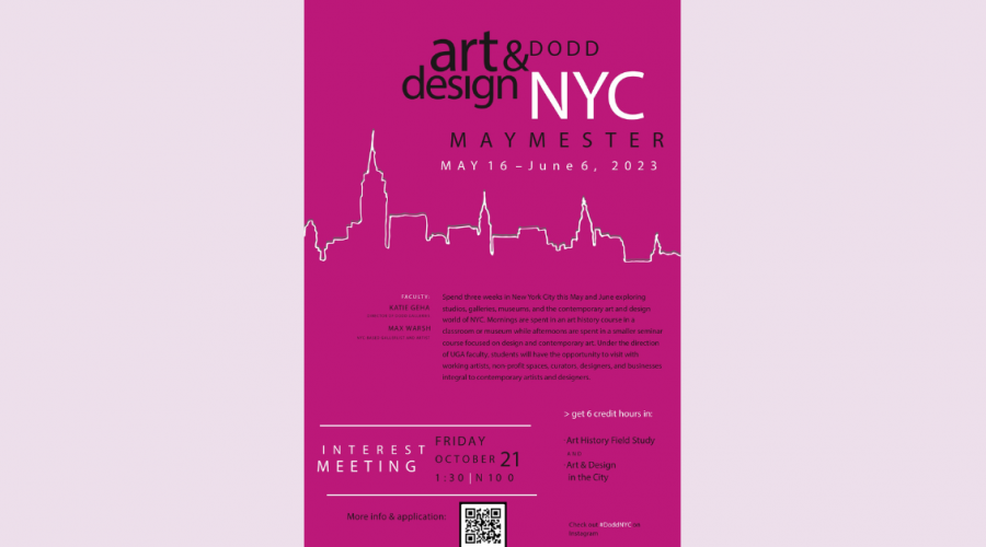 Flyer for event with pink background and white outline of NYC skyline.