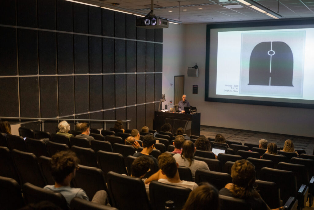 Visiting and exhibiting artist Pete Schulte delivers a lecture at the Lamar Dodd School of Art on September 16, 2022.