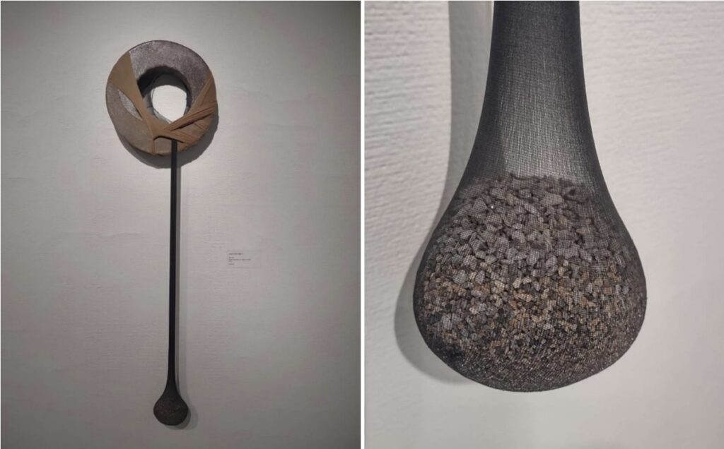 Lauren Bradshaw, Bound, 2020, with detail. Slab-built earthenware, glaze, pantyhose, sand, 30 x 12 x 3 in.