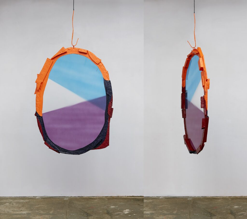 Fabienne Lasserre, Oh.Ah., 2021. Linen, steel, transparent vinyl, corrugated plastic, extruded polystyrene foam, acrylic polymer, acrylic and enamel paint. 61 x 45 x 4.5 in.