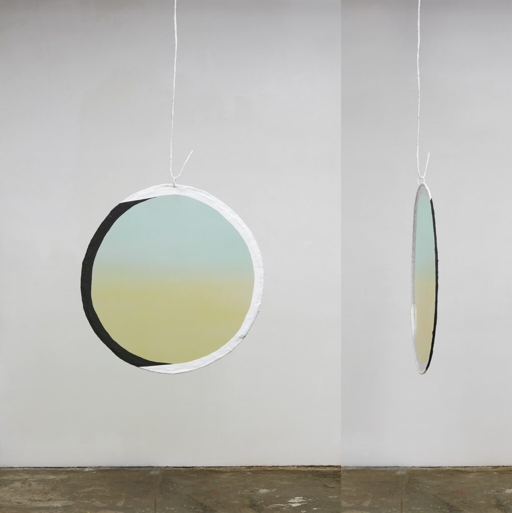Fabienne Lasserre, Appear, 2020. Linen, steel, transparent vinyl, acrylic polymer, acrylic, urethane and enamel paint. 44 x 46 x ½ in. 