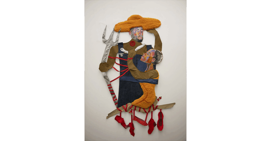 Jasmine Best, Woman is Smarter than the Devil Himself, 2022. Digital painting on cotton, found fabrics, yarn, 67 in x 45 in. Artwork earned the Lyndon House Arts Foundation Award for Excellence at the 48th Annual Juried Exhibition at the Lyndon House Art Center.