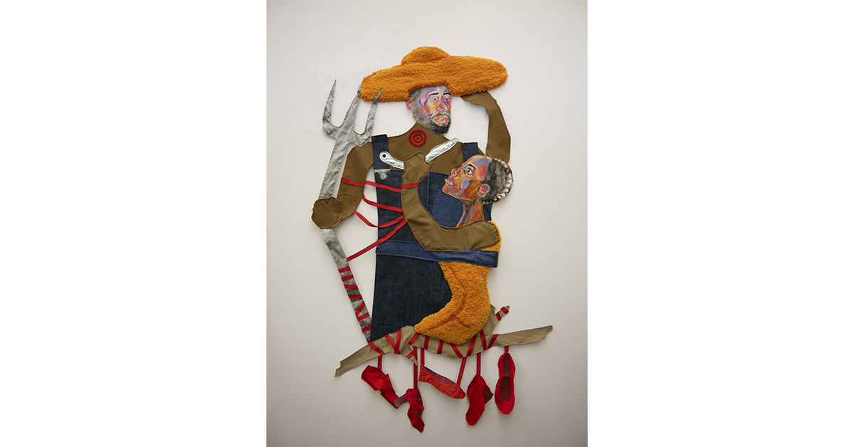 Jasmine Best, Woman is Smarter than the Devil Himself, 2022. Digital painting on cotton, found fabrics, yarn, 67 in x 45 in. Artwork earned the Lyndon House Arts Foundation Award for Excellence at the 48th Annual Juried Exhibition at the Lyndon House Art Center.