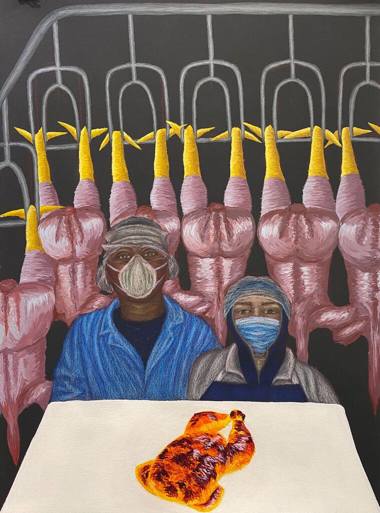 Maria Elias, Pollo Rostizado, 2021, acrylic and colored pencil on black paper, 30 x 22 inches