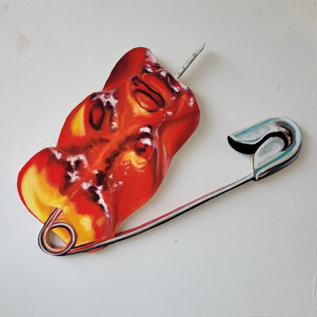 Artwork: Izzy Losskarn (UGA), Prick (Red), 2023. 20 x  20 in. Pastel on paper, mounted to shaped wood panel.