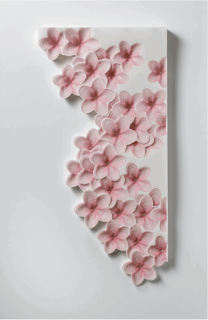 Imi Hwangbo, Peri II, Archival ink on hand-cut mylar, mounted on wood, 19” x 12” x 2”, 2010