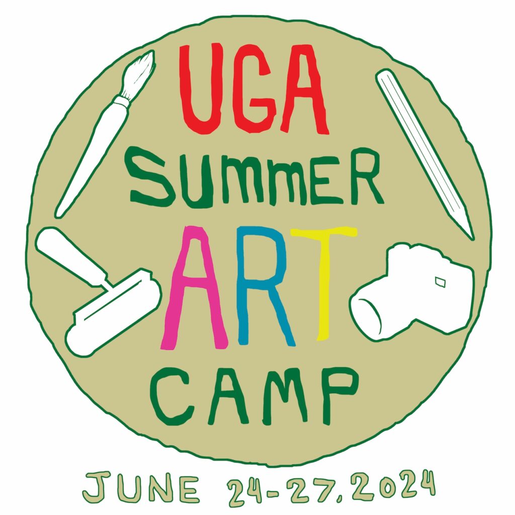 Summer Art Camp flyer. Forest green circle with colorful text and graphics of a camera, paintbrush, pencil and print roller.