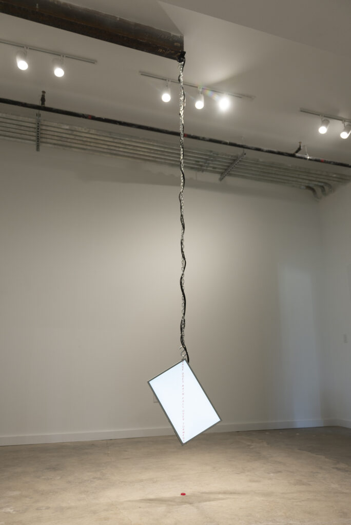 Predecessor Rainfall Event LCD screen, cables, reflector, text animation, metal chain & hardware, 2021