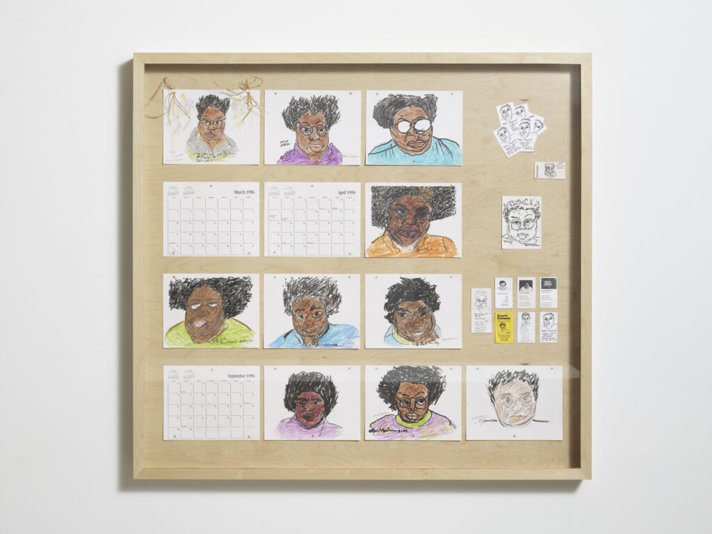 Installation view at the Athenaeum for “Beverly's Athens: Beverly Buchanan in Athens, GA”, Spring 2026. Assembled archival materials (colorful self portrait drawings, printed calendar pages, business cards) on wooden board. Photo courtesy of Walker Bankson.