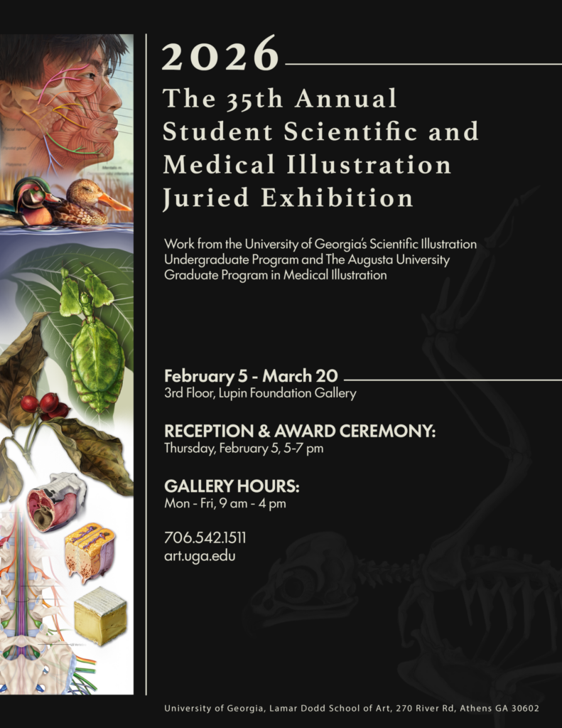 exhibition poster with black background and white text. Left column displays various sample artworks of scientific illustration. Right half of posters provides exhibition details.